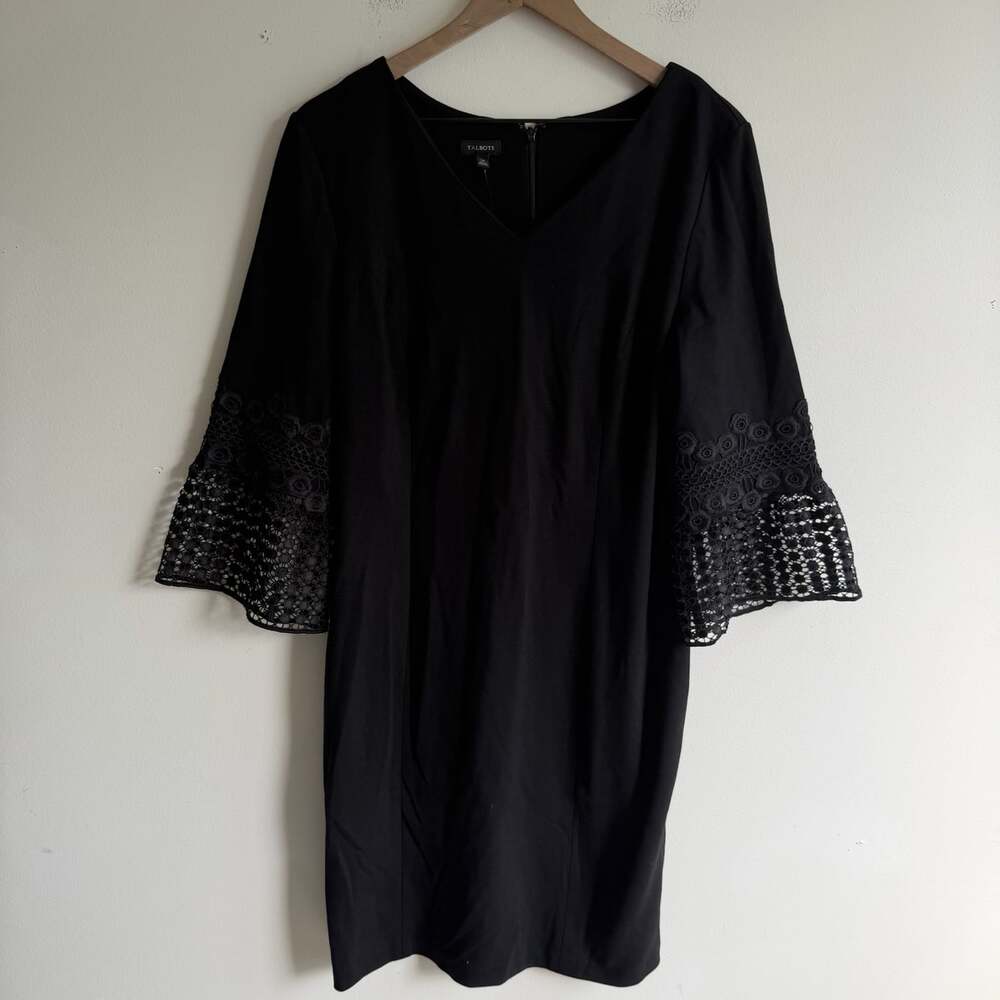 NWT Talbots Black Sheath Knee Length Dress Size 14 Lace Long Sleeve Career $129